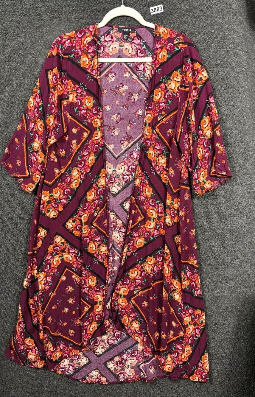 Torrid Top Burgundy Floral Print Open Front Hi Low Kimono Womens Size M/L